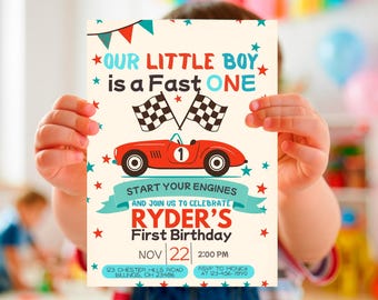 Vintage Race Car Birthday Invitation | Editable Fast One 1st Birthday Invite | Retro Car Theme | Boy Racing Party | Instant Download