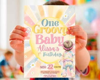 Een hippe babyverjaardagsuitnodiging | 1e verjaardag hippie themafeest uitnodiging | Bewerkbare canvassjabloon | Teken eerste verjaardag vrede en liefde