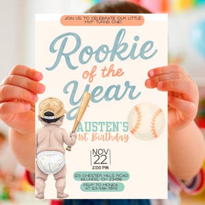 Rookie of the Year 1st Birthday Invitation | Baseball Themed Party | Editable Canva Template | Baby Boy First Birthday | Sports Invite