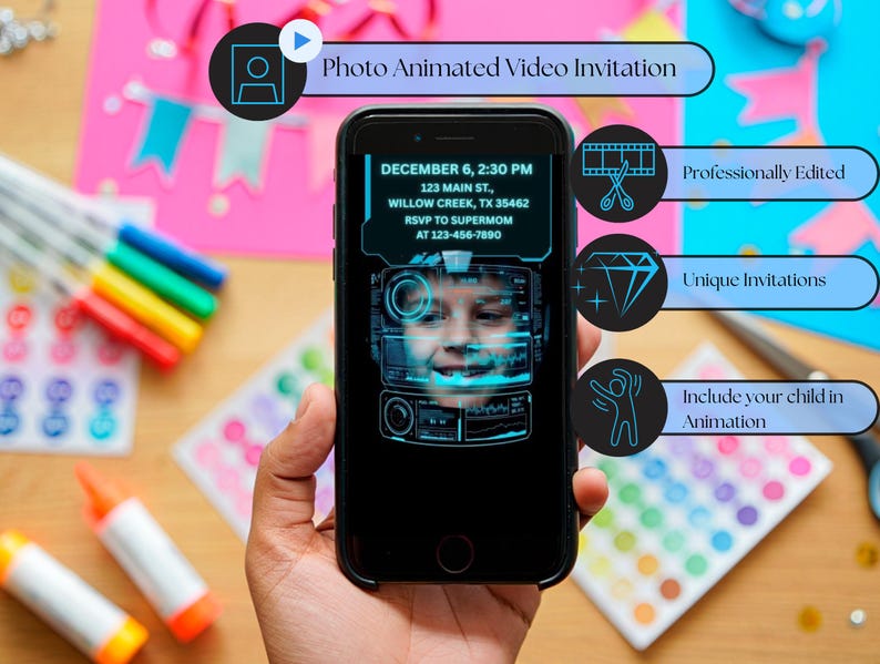 May include: A black smartphone displays a photo animated video invitation. The screen shows a child's face with event details: date, time, address, and RSVP information. Additional text highlights features: professionally edited, unique invitations, and animation.