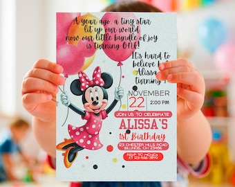 Minnie Mouse 1st Birthday Invitation Girl | Editable Pink Polka Dot Bow Party Invite | Minnie-Inspired First Birthday Template | Baby Girl