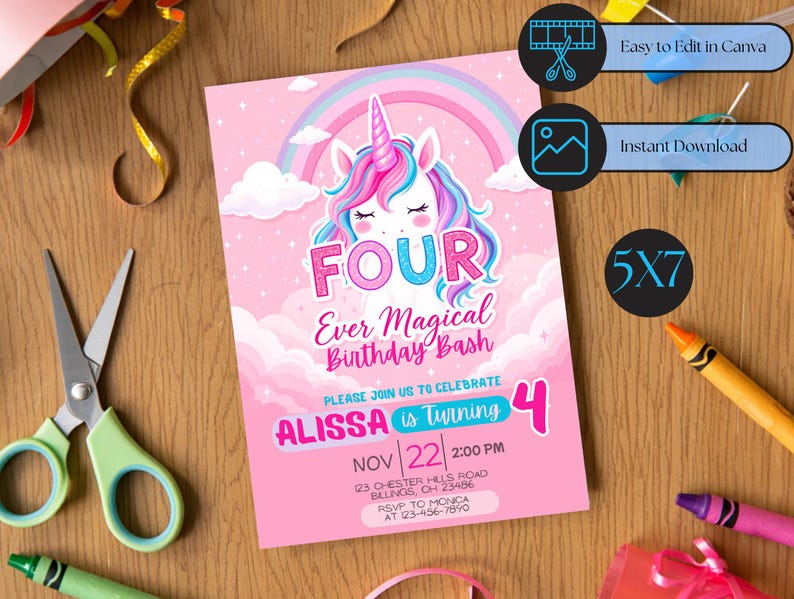 Unicorn 4th Birthday Invitation | FOUR Ever Magical Party Invite ...