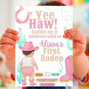 First Rodeo Girl Birthday Invitation | Cowgirl 1st Birthday Editable Canva Template | Pink Western Party Invite | Rustic | Instant Download