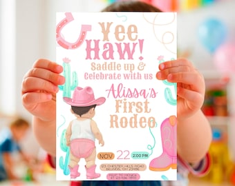 First Rodeo Girl Birthday Invitation | Cowgirl 1st Birthday Editable Canva Template | Pink Western Party Invite | Rustic | Instant Download