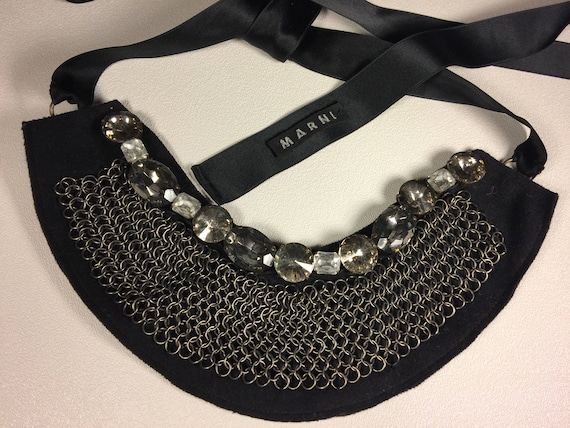 MARNI Black Ribbon Bib Necklace  with Chainmail &… - image 1
