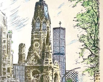 May include: A colorful illustration of a cityscape with a tall church building in the center. The church has a tall spire and a clock face. There are other buildings in the background, including a tall skyscraper. There are people walking on the street in front of the church. The illustration is signed "G. Kreuschik, Berlin" in the lower right corner.
