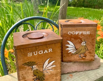 Vintage MCM houten suiker- en koffiebussen met haanontwerp, Japan, jaren 60