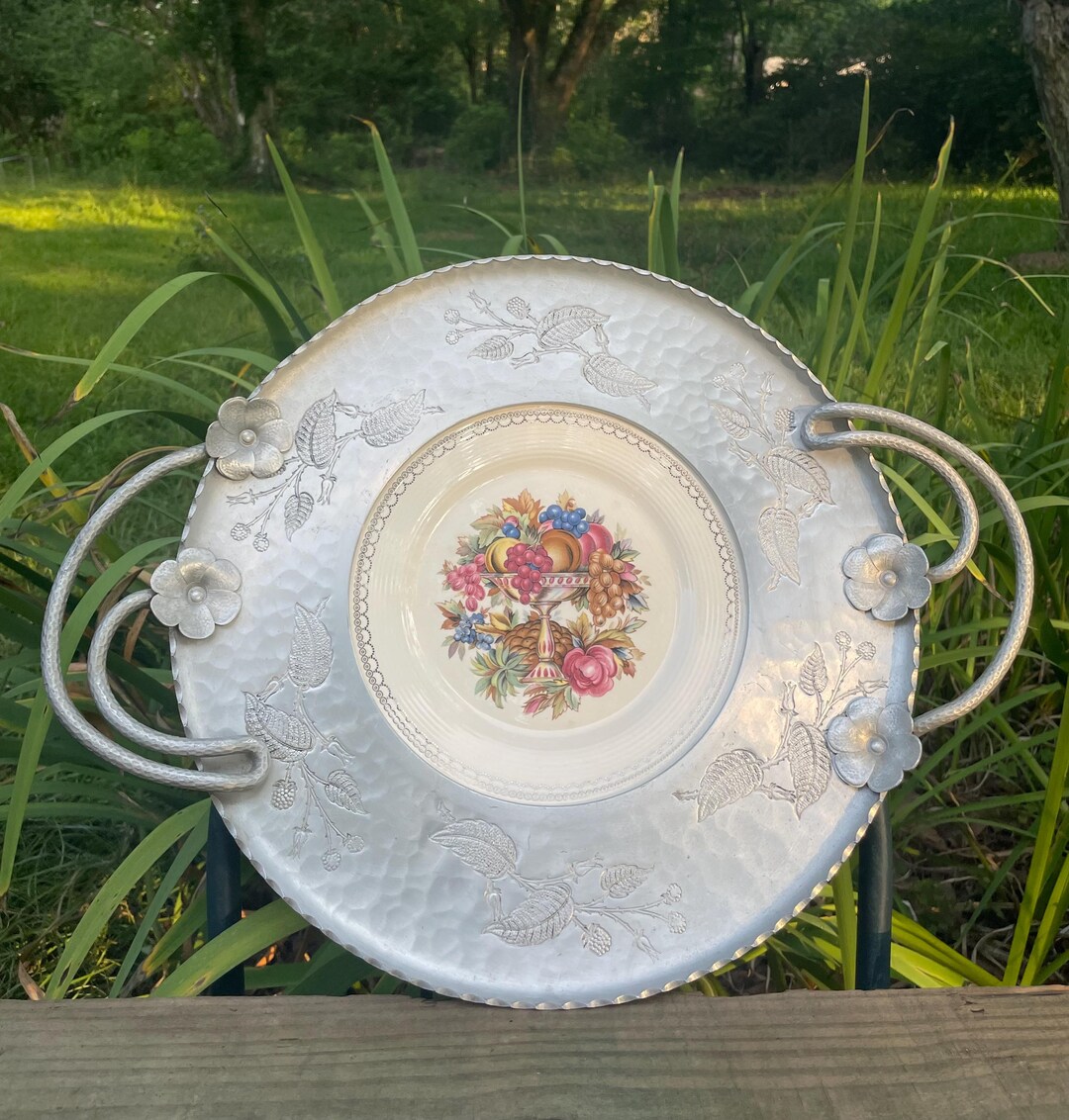 Vintage Farberware Hammered Aluminum Platter, Plate, Tray: Etched