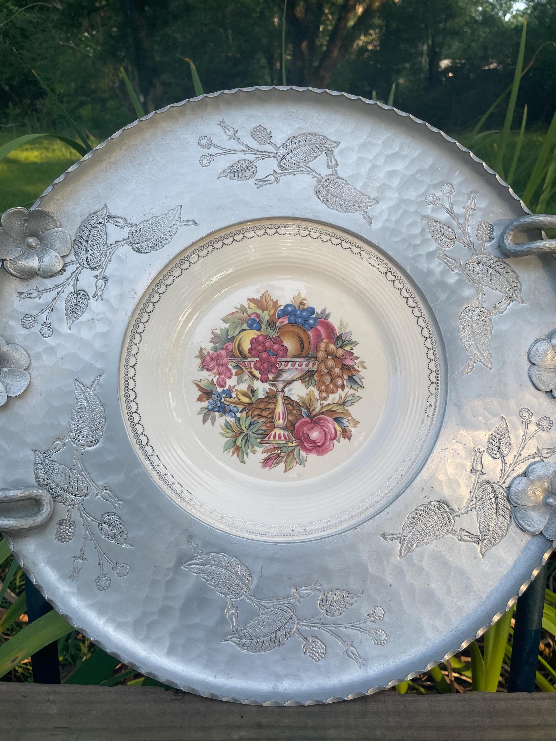 Vintage Farberware Hammered Aluminum Platter, Plate, Tray: Etched