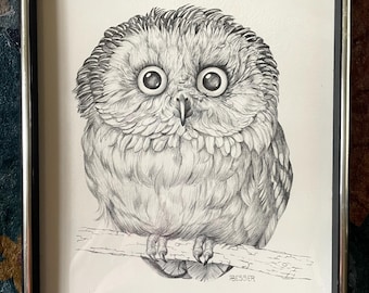 Estampe classique d'Arne Besser représentant un hibou aux grands yeux, années 1970, encadrée sous verre et bois, art du milieu du siècle, pour une décoration murale.