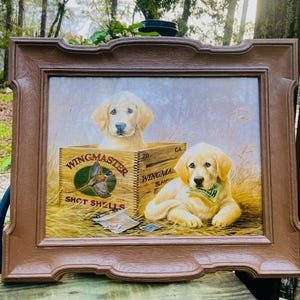 May include: A framed print featuring two golden retriever puppies. One puppy sits in a wooden box labeled "Wingmaster Shot Shells," while the other rests on a bed of hay. The frame is a dark brown color.