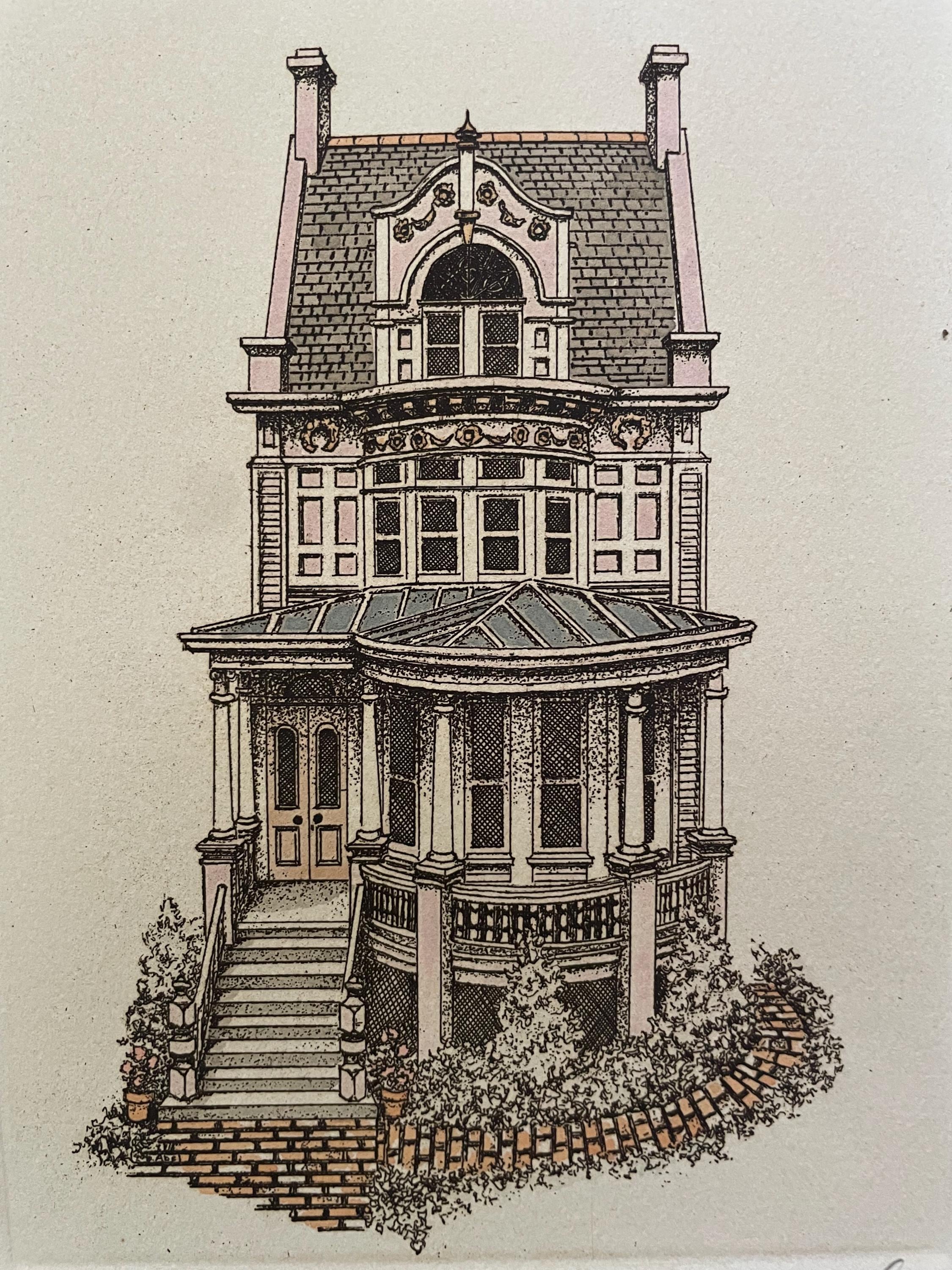 版画 Ake Holm #81 David med harpan David Abel Etching, Signed Hand-colored, Southern Gothic Victorian