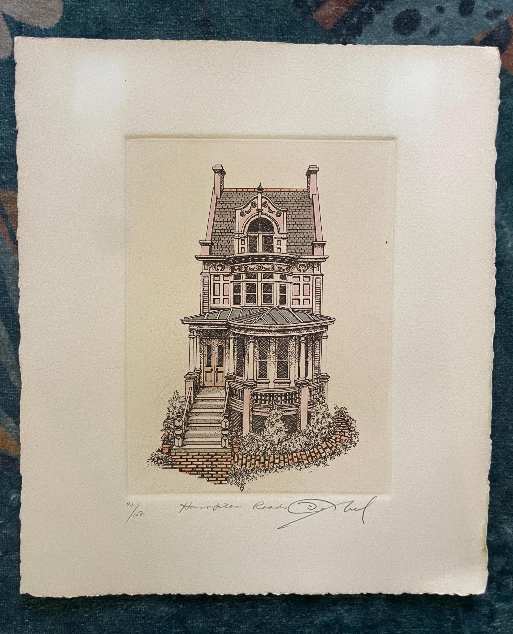 David Abel Etching, Signed Hand-colored, Southern Gothic Victorian