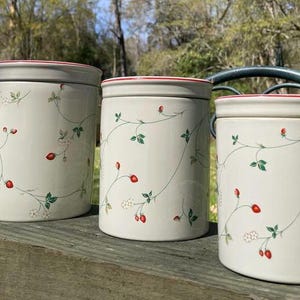 Vintage Epoch Korea Strawberry Ceramic Canisters: Cottagecore, Farmhouse Kitchen Jars, Set of 3