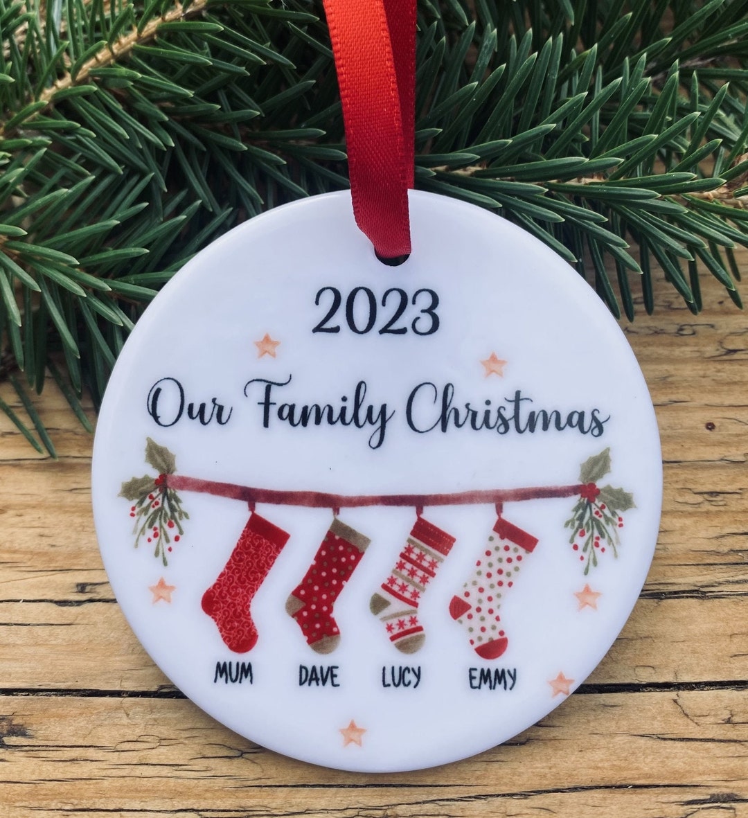 Personalised Family Christmas 2023 Bauble Ornament, Hanging Tree Decoration, Stockings, Family