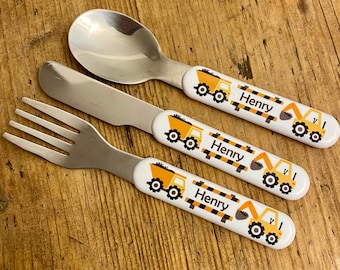 Personalised children’s digger excavator dumper cutlery set - made to order, any name, perfect digger gift for a birthday present