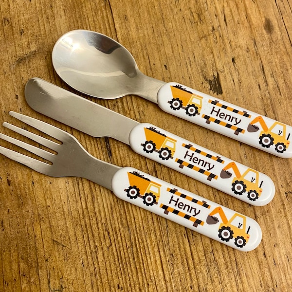 Personalised children’s digger excavator dumper cutlery set - made to order, any name, perfect digger gift for a birthday present