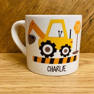 Children's sized mini digger mug, excavator, construction, Personalised with ANY NAME, stocking filler, gift, present