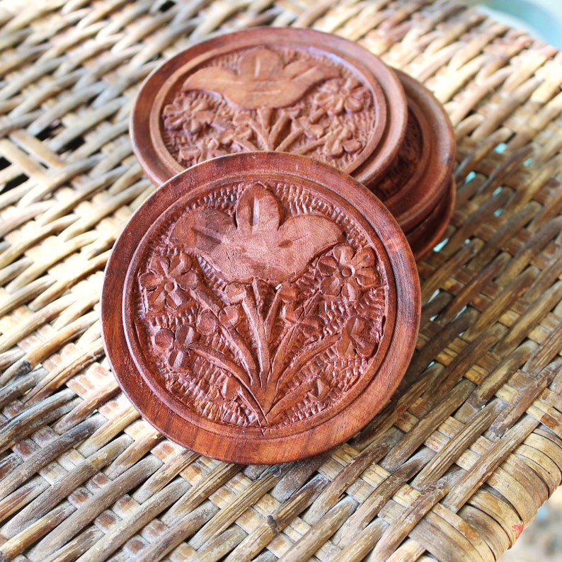 Vintage Wooden Coasters Carved Flowers Etsy