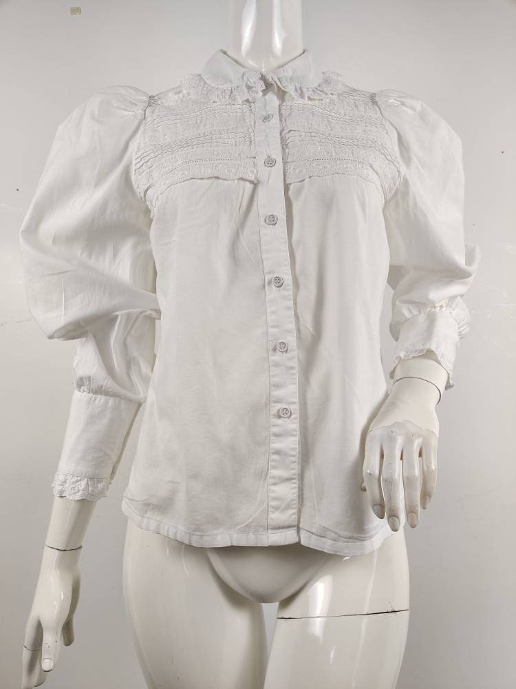 1980s White Cotton Victoriana Blouse, Puffed Sleeve White Blouse