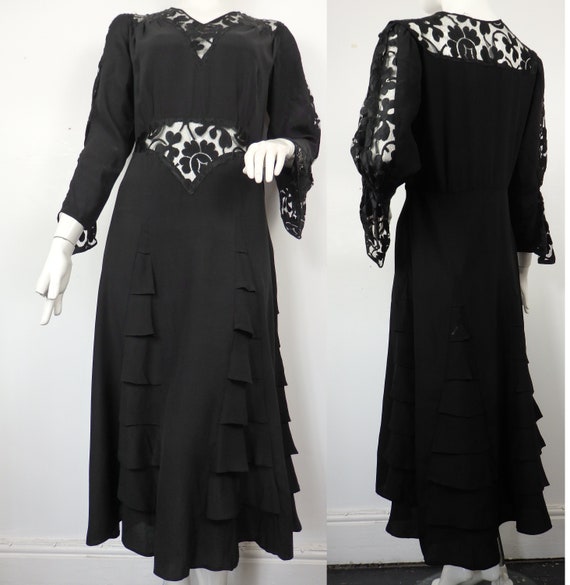 1930s Black Dress / Vintage 1930s Crepe and Lace D