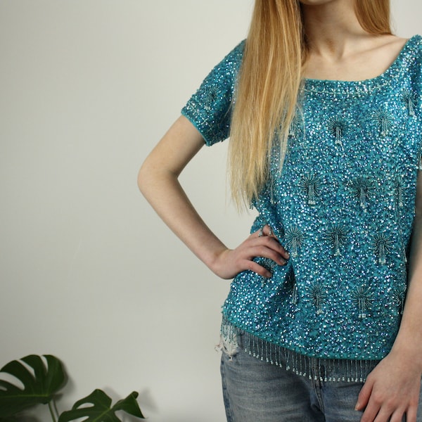 Vintage 1950s Sequin and Beaded Shell Top UK10 12