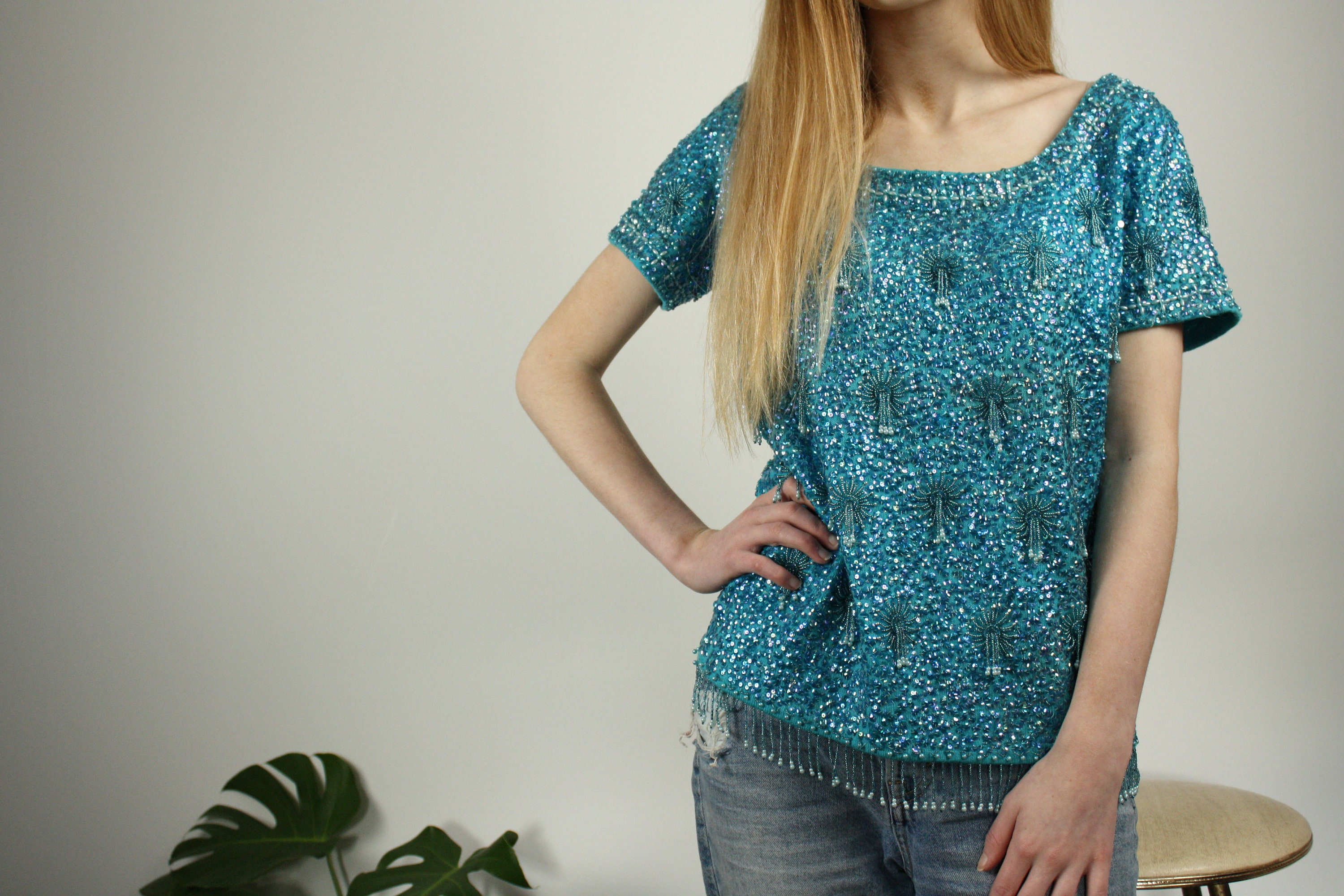 Image of Vintage S Sequin & Beaded Shell Top Uk