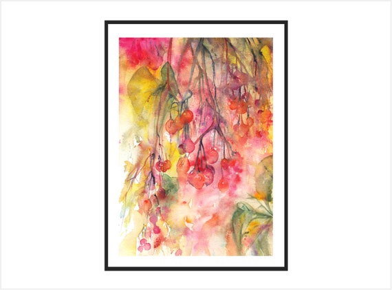 Red berries painting, autumn berries art print, botanical art prints, floral art print,floral home decor winter watercolors kitchen wall art