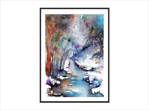 Winter landscape painting Forest art print giclee river art print home wall art woodland painting ethereal meditation art tree painting