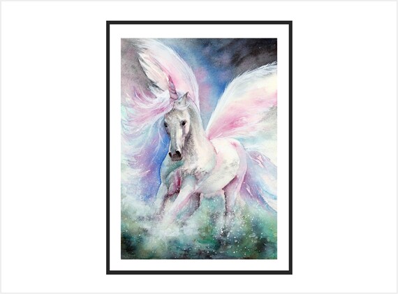 Unicorn nursery art print,unicorn painting, fairytale watercolor painting, ethereal art, white horses, unicorn gift, meditation art mythical