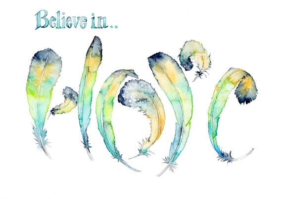 Feather art print, feather painting, giclée print, original watercolour painting "Hope", green art, blue art home decor, wall art, yoga art