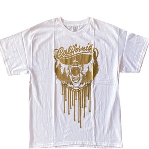 California Bear Glasses Men&#39;s Tshirt Drips Gold Metallic Cali Republic Hiphop Urban Streetwear Rapper Tee White LARGE