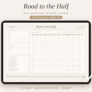 May include: A digital tablet displaying a Road to the Half marathon training planner with a 12-week schedule, a race day checklist, and a weekly training log. The interface features a neutral beige color palette with black text and a white stylus.