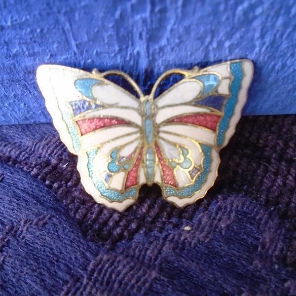 Vintage 1970s Cloinsonne Butterfly Pin~Hat~Sash~Lapel~Scarf~Ivory/Teal Blue/Red Raspberry/Goldtone Brass