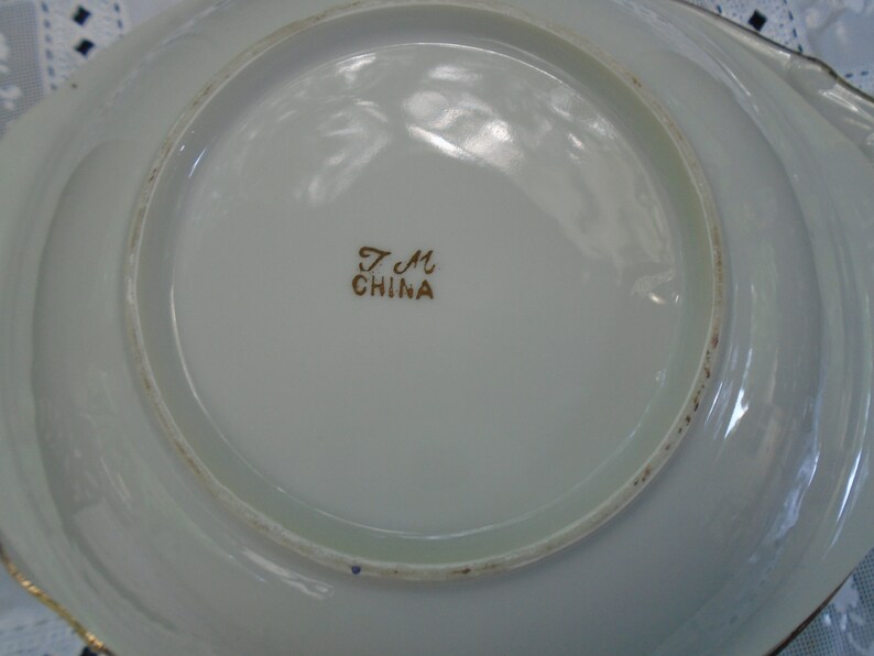 Vintage Oval Handled Dish~8 Hrs Research Shows Nothing~No Info Found~Excellant Condition~Beautiful~Signed T M China in Gold or F M China