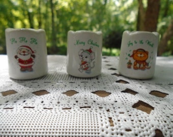 Trio Tiny Christmas Candle Holders Holiday Russ Santa Claus Friends Forever Cat in Stocking Miniature Ceramic Candlestick Holders