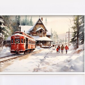 Winter Train Station Watercolor - Christmas Wall Art, Giclee Print on Canvas, Artist Paper, Watercolor Paper, Available in Extra Large Sizes 画像 2