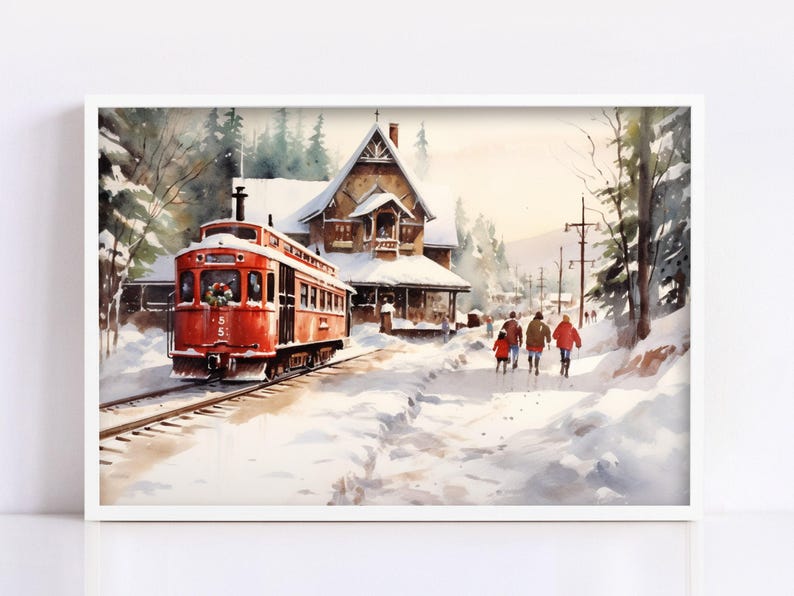 Winter Train Station Watercolor - Christmas Wall Art, Giclee Print on Canvas, Artist Paper, Watercolor Paper, Available in Extra Large Sizes 画像 2