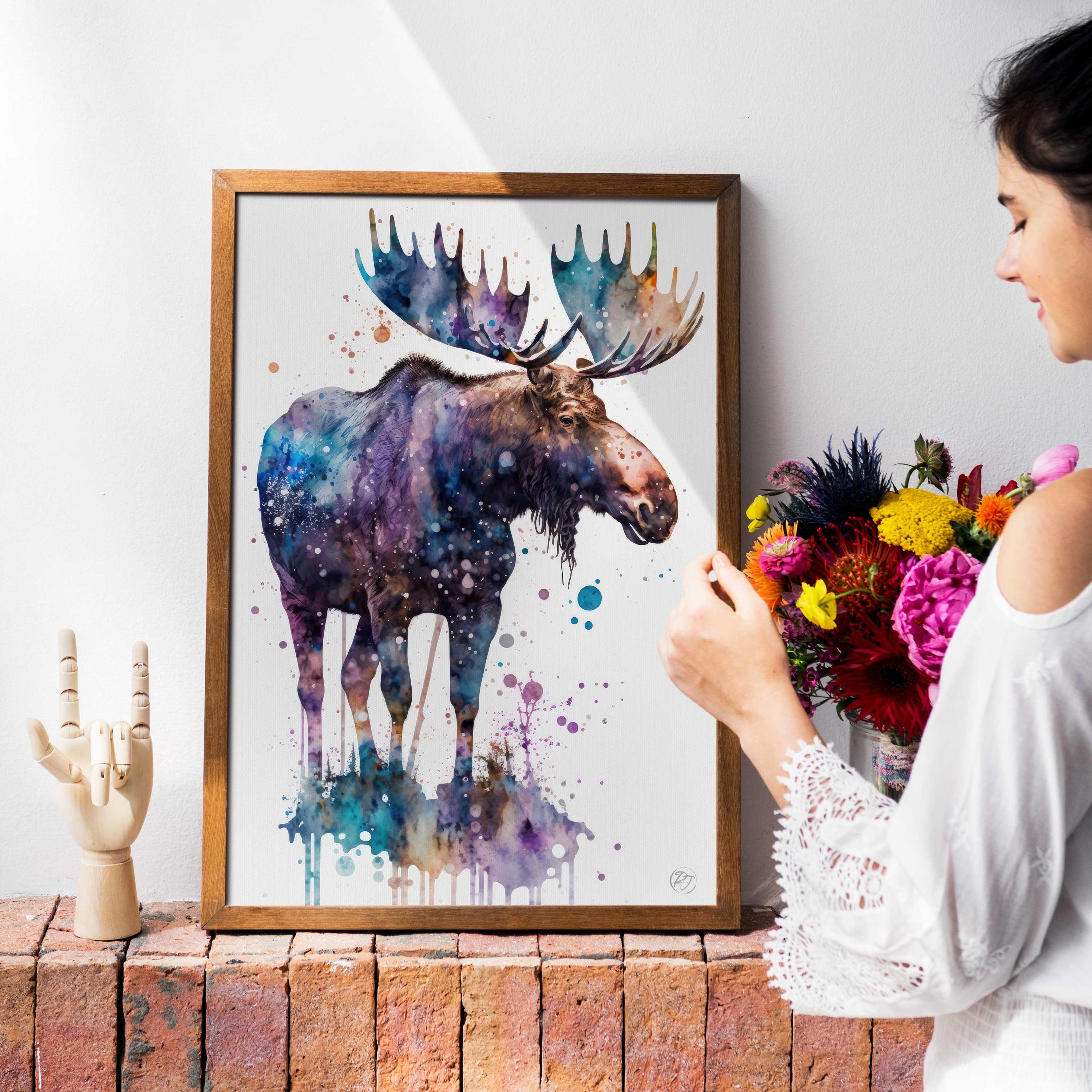 Moose Watercolor Art Print Nursery Animal Canvas Print Cute - Etsy
