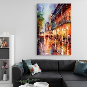 a vibrant street scene with a trolley car, palm trees, and people walking along the sidewalk.