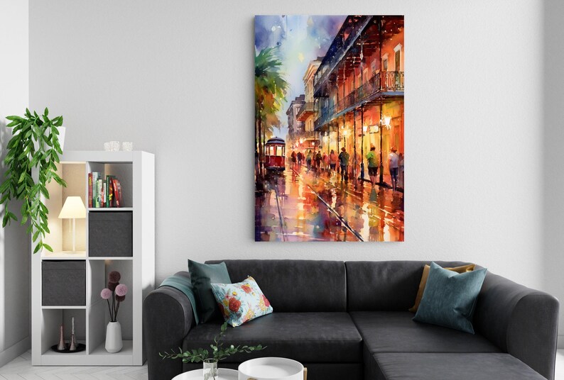 a vibrant street scene with a trolley car, palm trees, and people walking along the sidewalk.