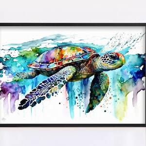 Coastal Serenity: Watercolor Sea Turtle Wall Decor, Giclee Print on Canvas, Artist Paper, Watercolor Paper, Available in Extra Large Sizes