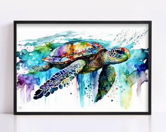 Coastal Serenity: Watercolor Sea Turtle Wall Decor, Giclee Print on Canvas, Artist Paper, Watercolor Paper, Available in Extra Large Sizes