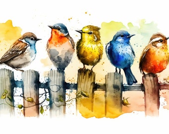 Birds Watercolor Art Print, Colorful Canvas Print, Nature Animals Framed Wall Art