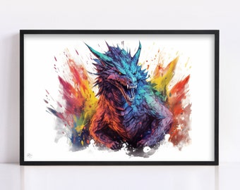 Mystical Dragon Majesty: Watercolor Wall Art Print, Giclee Print on Canvas, Artist Paper, Watercolor Paper, Available in Extra Large Sizes