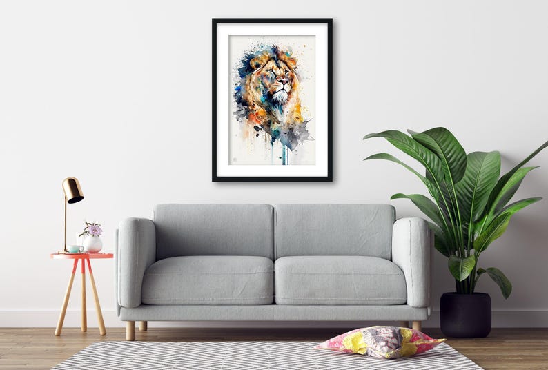Majestic Lion: Watercolor Lion Wall Art Print, Giclee Print on Canvas, Artist Paper, Watercolor Paper, Available in Extra Large Sizes Framed/Matted Print