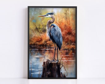 Graceful Blue Heron: Watercolor Painting Print, Giclee Print on Canvas, Artist Paper, Watercolor Paper, Available in Extra Large Sizes