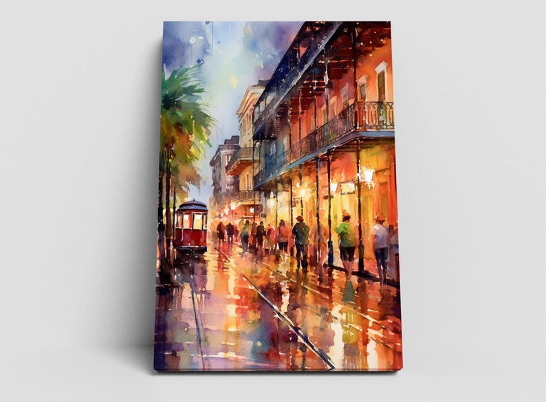 The image is a vibrant painting depicting a lively street scene in New Orleans, Louisiana. The painting showcases the iconic trolley car and the bustling atmosphere of the city, with people walking along the sidewalks and the trolley car passing through the center of the scene. The colors used in the painting are bright and vivid, reflecting the energy and excitement of the city.