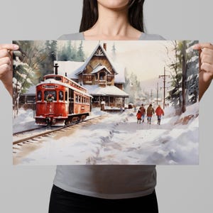 Winter Train Station Watercolor - Christmas Wall Art, Giclee Print on Canvas, Artist Paper, Watercolor Paper, Available in Extra Large Sizes Unframed Art Print