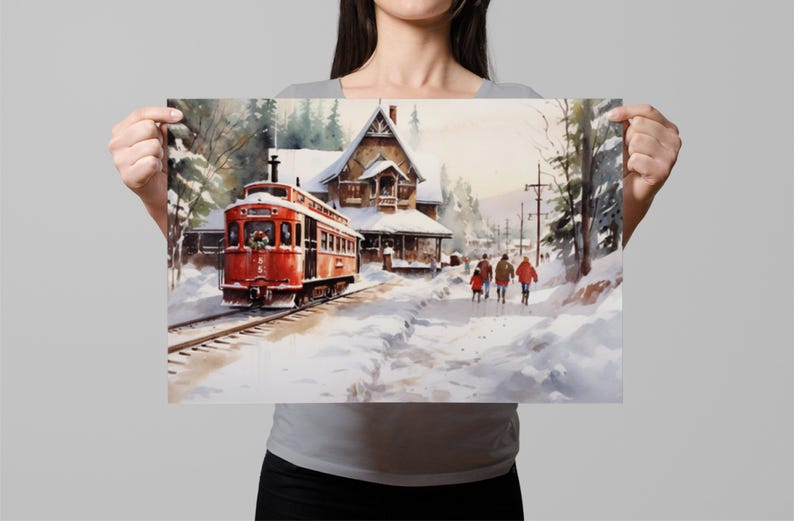 Winter Train Station Watercolor - Christmas Wall Art, Giclee Print on Canvas, Artist Paper, Watercolor Paper, Available in Extra Large Sizes Unframed Art Print
